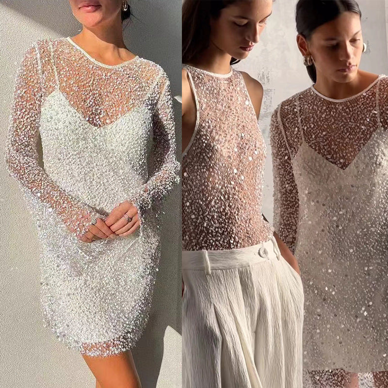Damen Glitzerndes Cocktailkleid mit schimmernden Pailletten und langen Ärmeln