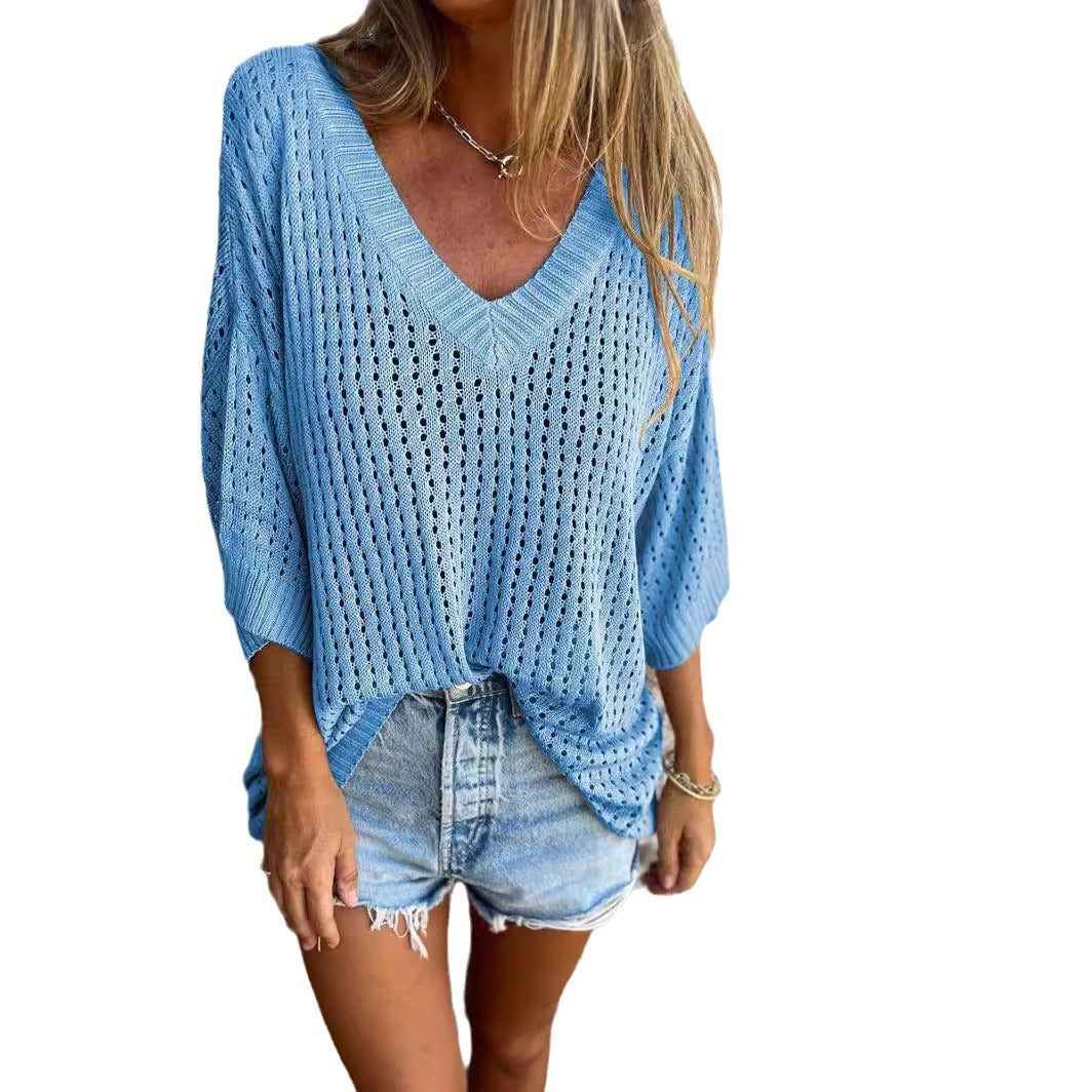 Damen nan luftig gestrickter V-Ausschnitt Pullover im Oversize-Schnitt Shop Nory