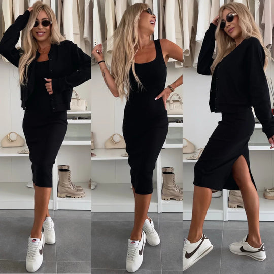 Damen figurbetontes Strick-Midikleid mit passender Kurzjacke und Rundhalsausschnitt Shop Nory