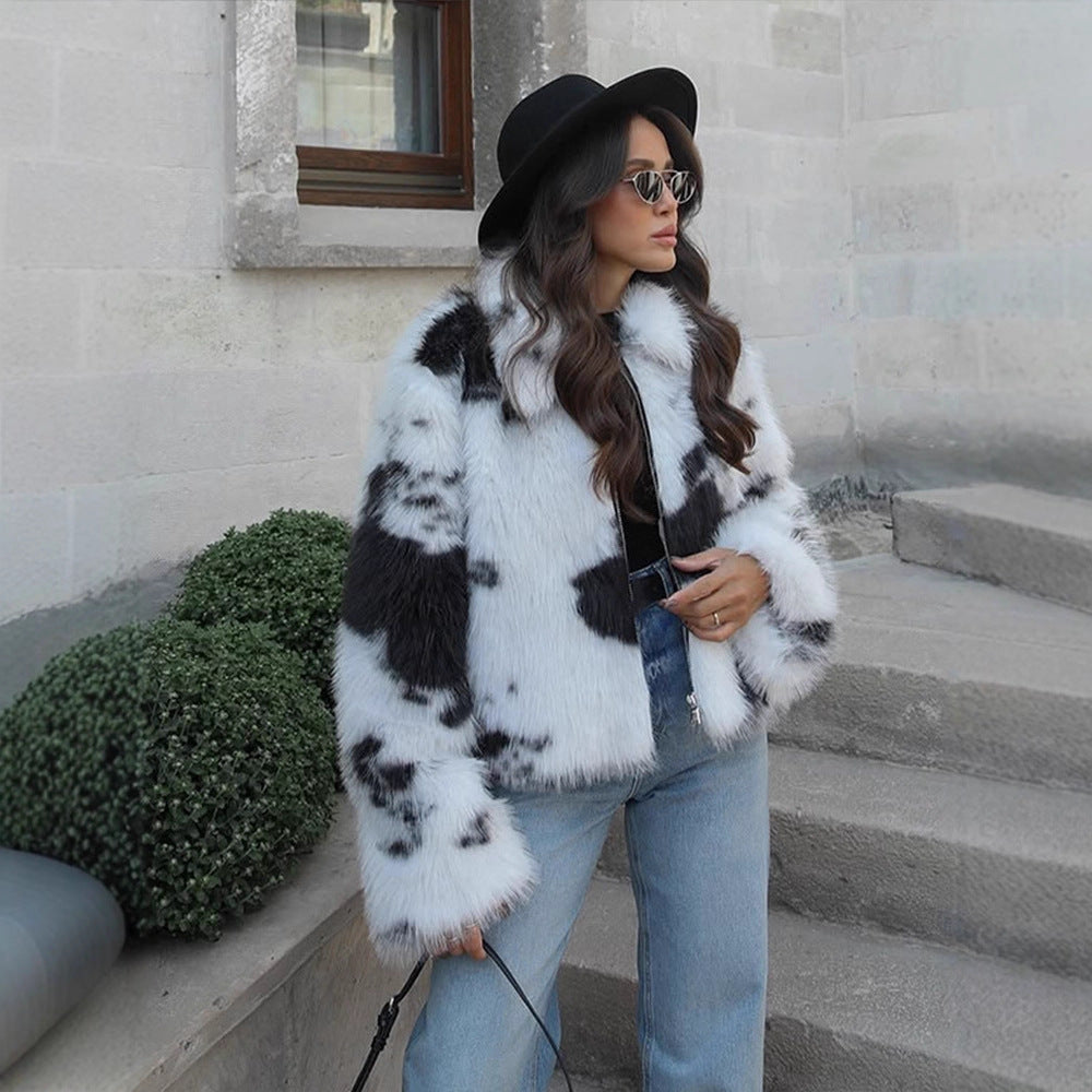 Damen Kurz geschnittener Faux‑Fur‑Bomber mit Fleckenmuster Shop Nory