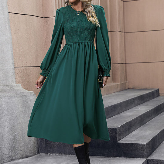 Damen Midikleid mit Smokoberteil, langen Ballonärmeln und ausgestelltem Rock Shop Nory
