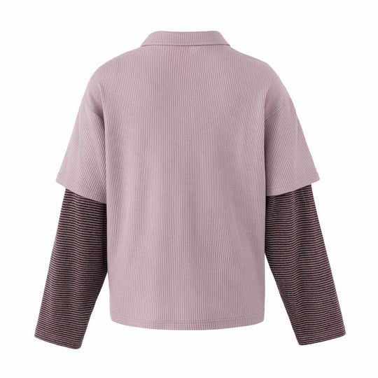 Damen Lässiges Layered-Polo-Shirt mit Rippenstruktur und gestreiften Einsatzärmeln Shop Nory