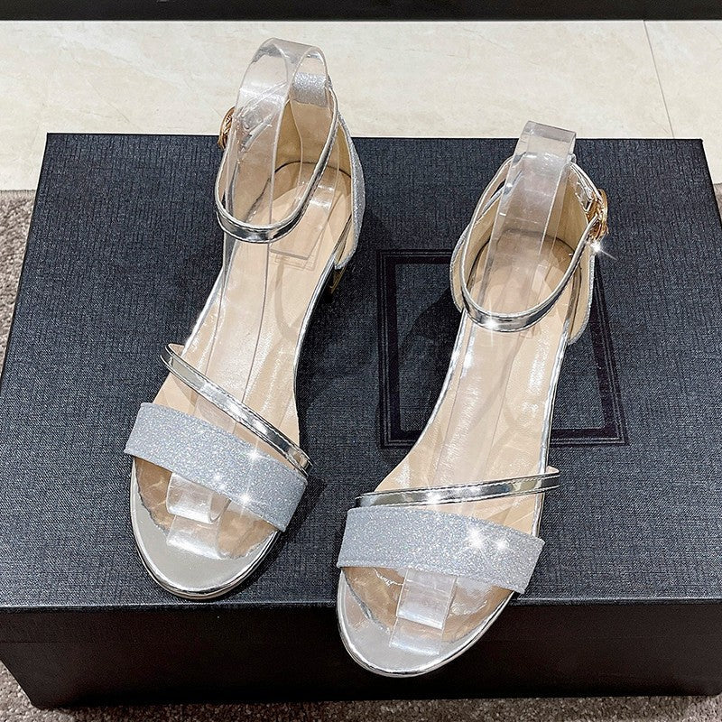 Damen elegante Glitzer-Sandaletten mit Blockabsatz