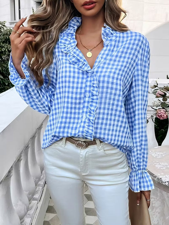 Damen karierte Rüschenbluse mit Volantkragen und langen Manschetten Shop Nory