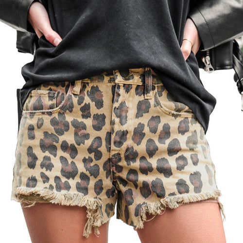 Damen lässige Leoparden Baumwoll-Shorts mit fransigem Saum