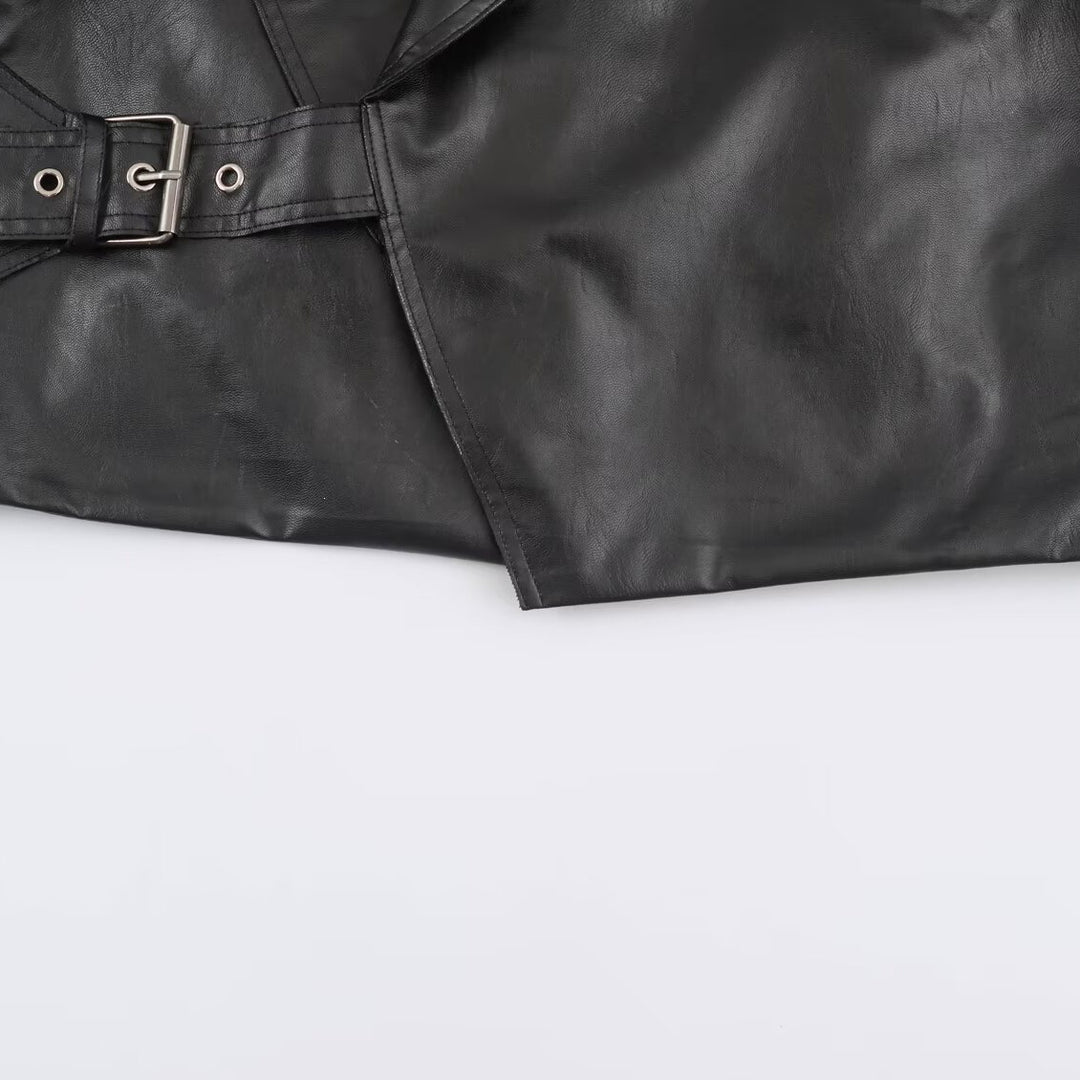 Damen Kurze Oversize-Lederoptikjacke mit weitem Schalkragen und Gürtel Shop Nory