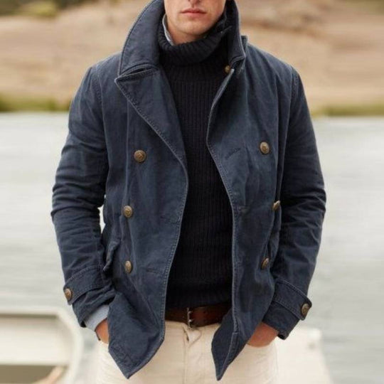 Herren Doppelreihiger Baumwoll-Peacoat mit Marineknöpfen und Stehkragen Shop Nory