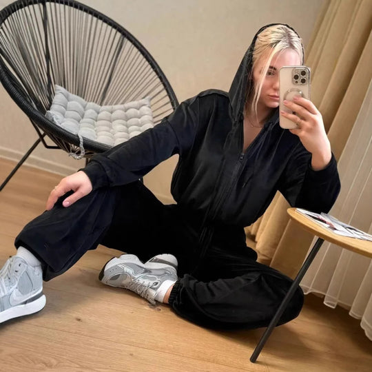 Damen Samtiges Cropped-Zip-Hoodie-Set mit Tunnelzugbund und weitem Lounge-Sweathose Shop Nory