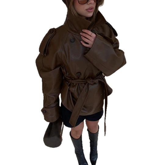 Damen Kurz geschnittener Oversize Lederimitat-Trench mit Taillengürtel und Epauletten Shop Nory