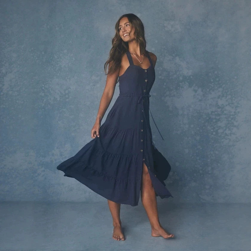 Damen Maxikleid mit nostalgischem Knopfverschluss und verstellbaren Trägern Shopnory