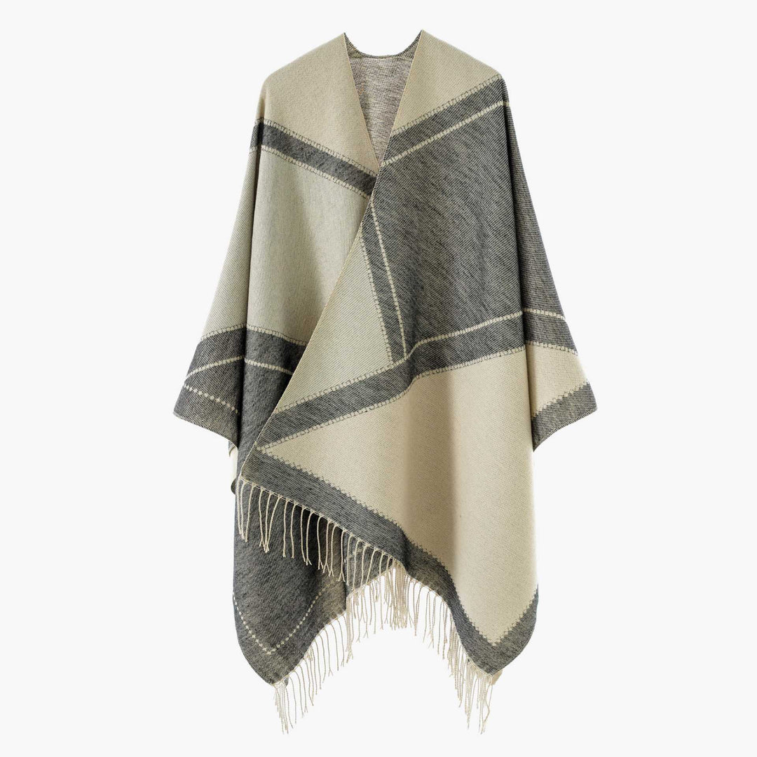 Damen Wendbarer Strickcape-Poncho mit Fransen und kontrastierenden Streifen Shop Nory