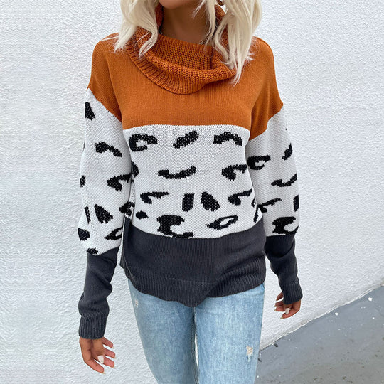 Damen Strickpullover mit weitem Rollkragen, Colorblock und Leopardenmuster Shop Nory