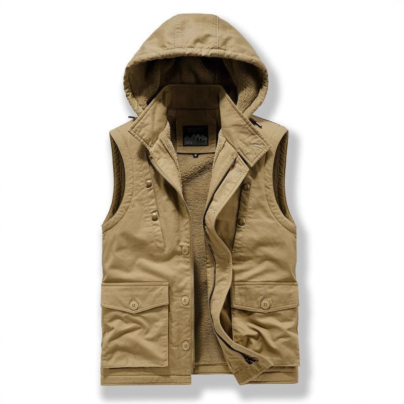 Herren Utility-Weste mit Kapuze, Teddyfutter und Multifunktionstaschen Shop Nory