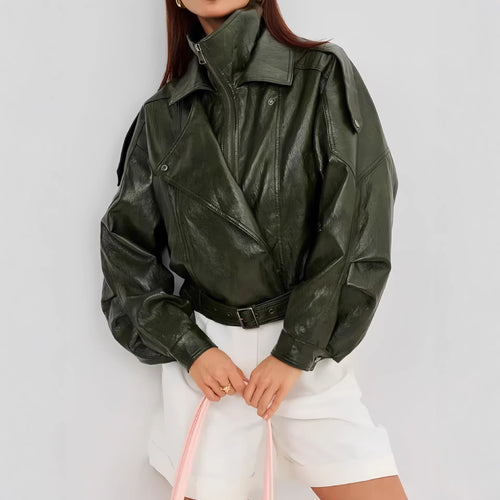 Damen Modische Lederjacke mit Hüftgürtel