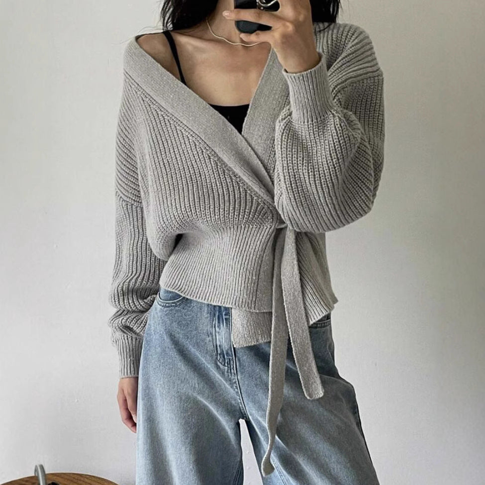 Damen Wickel-Strickjacke mit V-Ausschnitt, Taillenschleife und Ballonärmeln Shop Nory