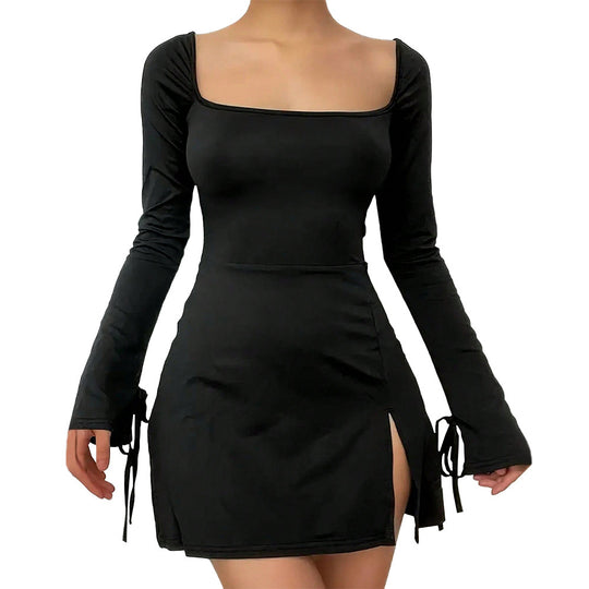 Damen figurbetontes Minikleid mit eckigem Ausschnitt Trompetenärmeln und seitlichem Schlitz Shop Nory