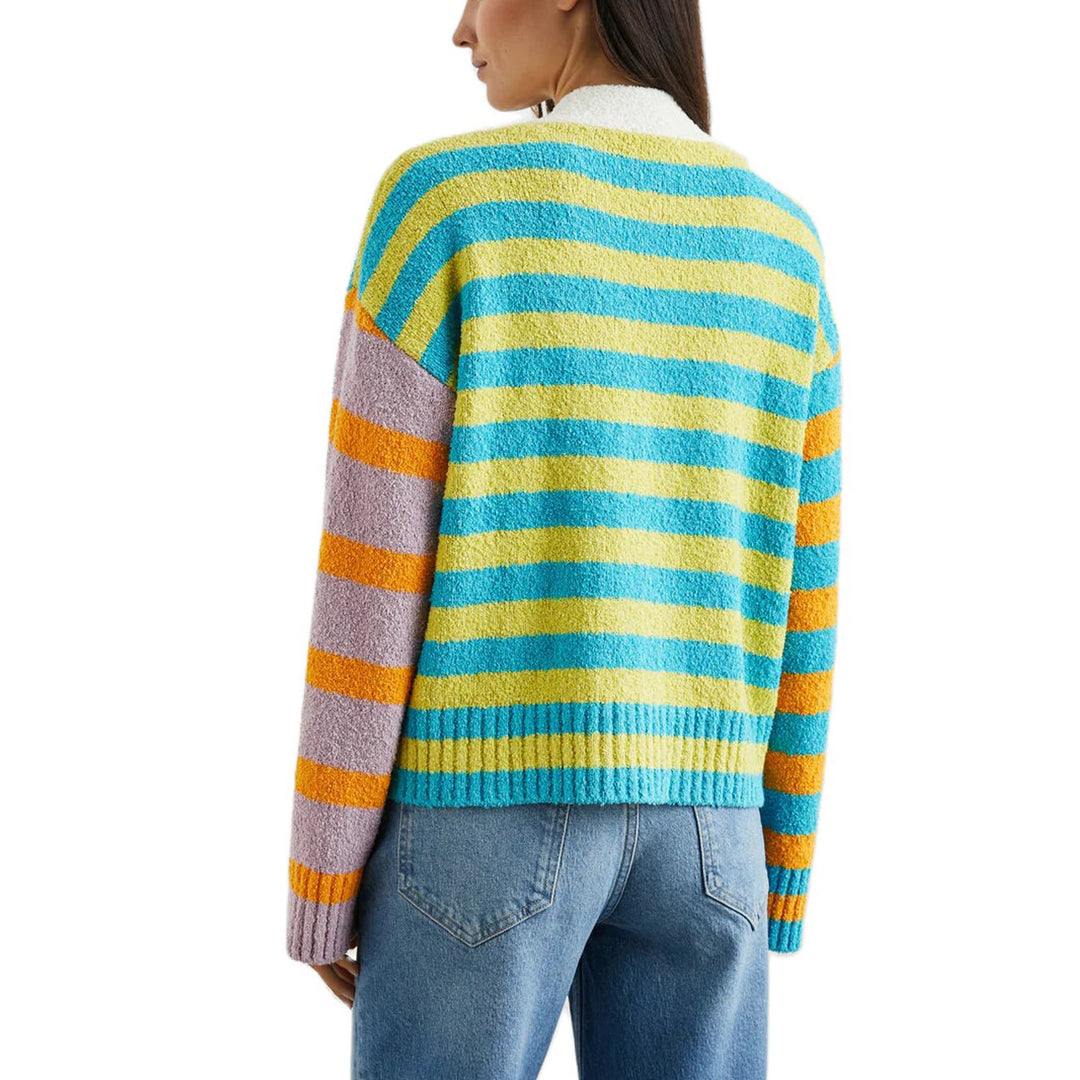Damen lockerer gestreifter Frottee-Cardigan mit V-Ausschnitt und Knopfleiste Shop Nory
