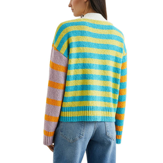 Damen lockerer gestreifter Frottee-Cardigan mit V-Ausschnitt und Knopfleiste Shop Nory