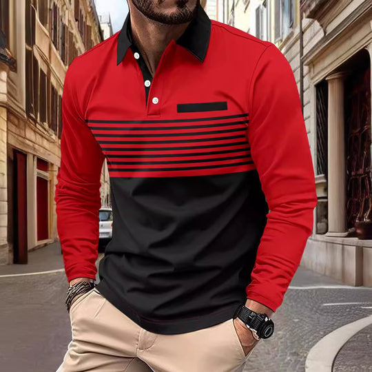 Herren nan langärmliges Poloshirt mit kontrastierendem Hemdkragen, dezenter Brustpaspel und feinem Streifenrelief Shop Nory