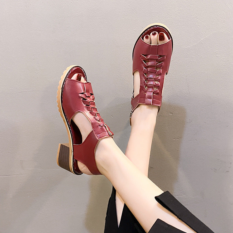 Damen elegante Sandalen mit geflochtenen Riemen und komfortablem Blockabsatz