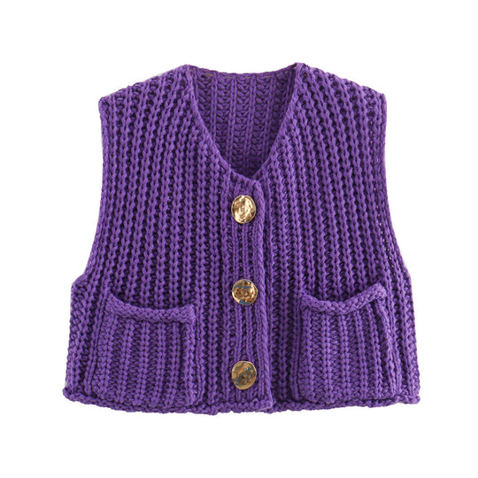 Damen Grobgestrickte Cropped Weste mit V-Ausschnitt und goldenen Zierknöpfen Shop Nory