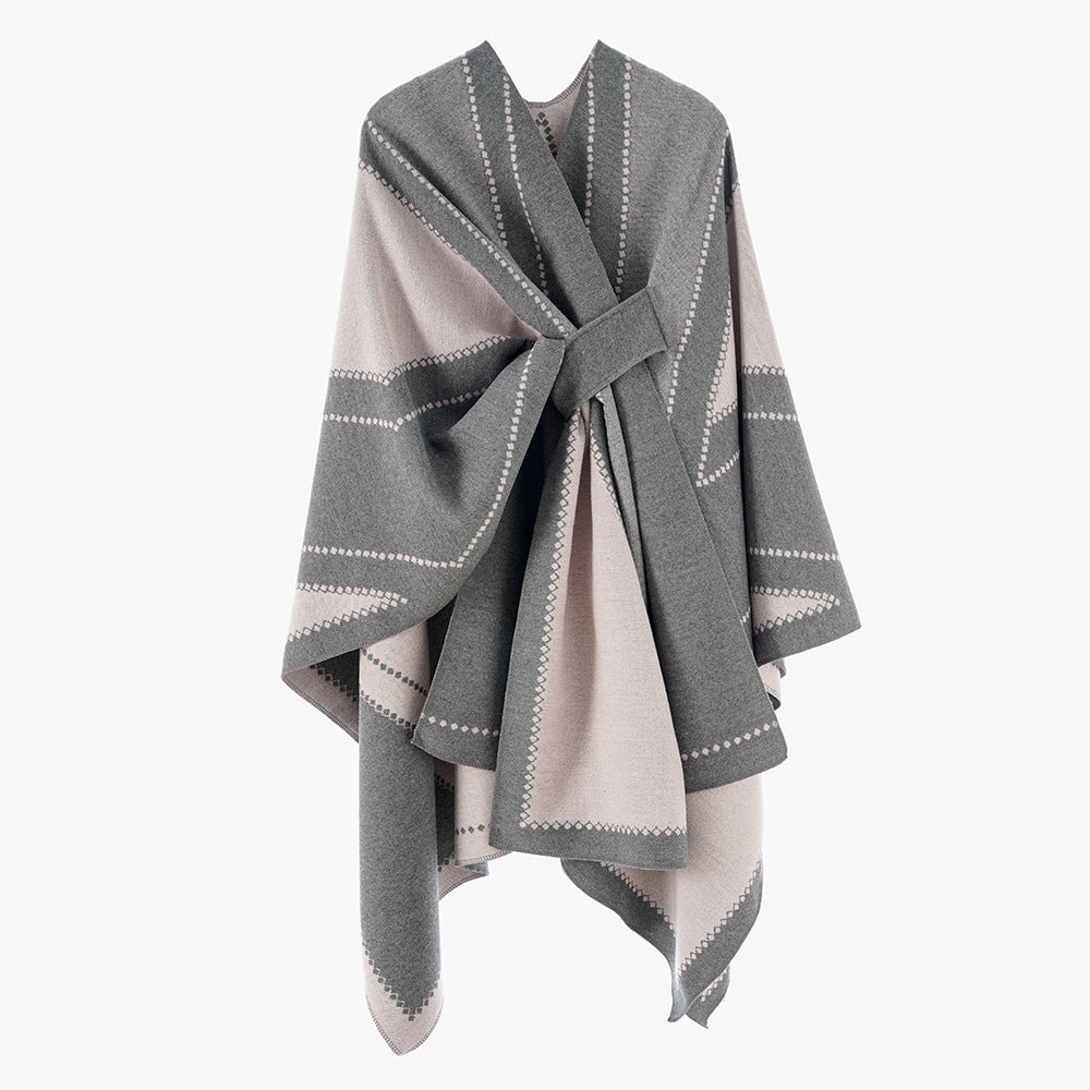 Damen Reversibler Wollmix-Poncho mit grafischem Jacquardmuster und Taillengürtel Shop Nory