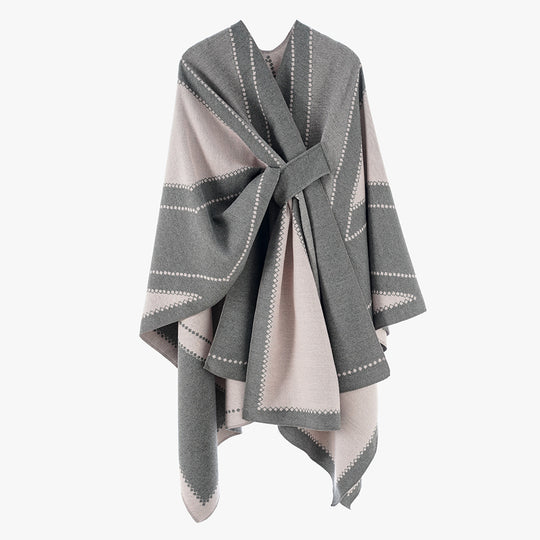 Damen Reversibler Wollmix-Poncho mit grafischem Jacquardmuster und Taillengürtel Shop Nory