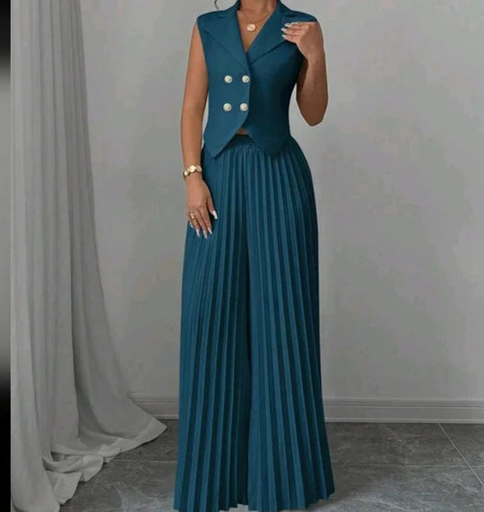Damen Ärmelloses Weste-Blazer-Top mit Revers und plissierter Palazzo-Hose Zweiteiliges Abendset Shop Nory