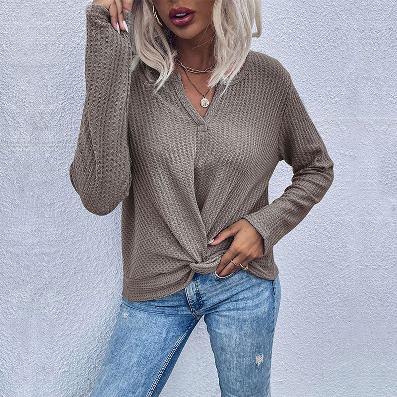 Damen Waffelstrick-Longsleeve mit V‑Ausschnitt und Knotenfront Shop Nory