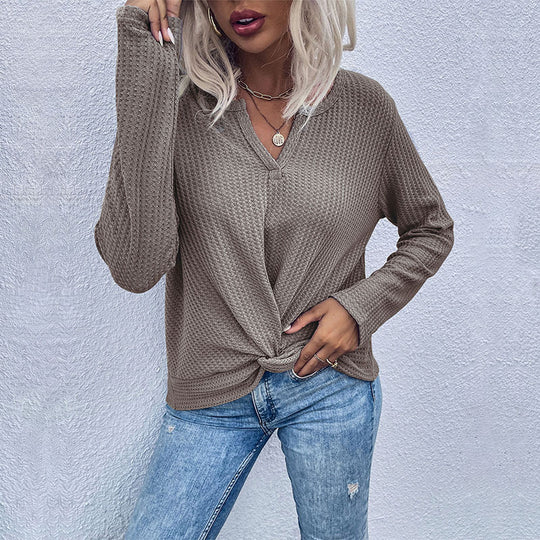 Damen Waffelstrick-Longsleeve mit V‑Ausschnitt und Knotenfront Shop Nory
