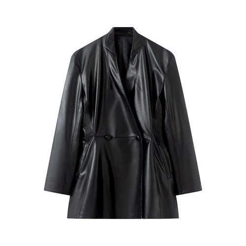Damen Langer taillierter Blazer‑Mantel aus veganer Lederoptik mit fallendem Schalkragen und Doppelknopf-Leiste Shop Nory