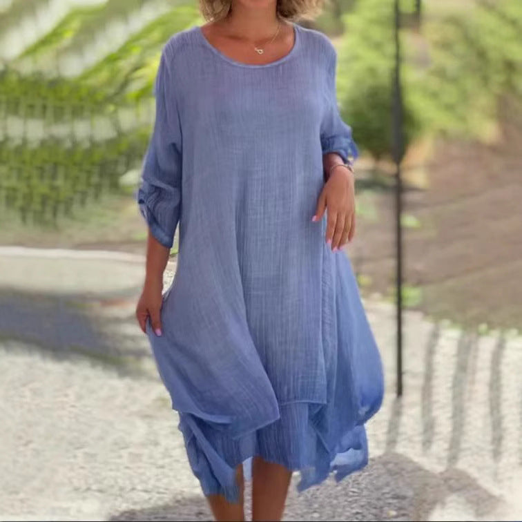 Damen nan weites Musselin-Midikleid mit rundem Halsausschnitt, krempelbaren halblangen Ärmeln und mehrlagigem Stufenrock