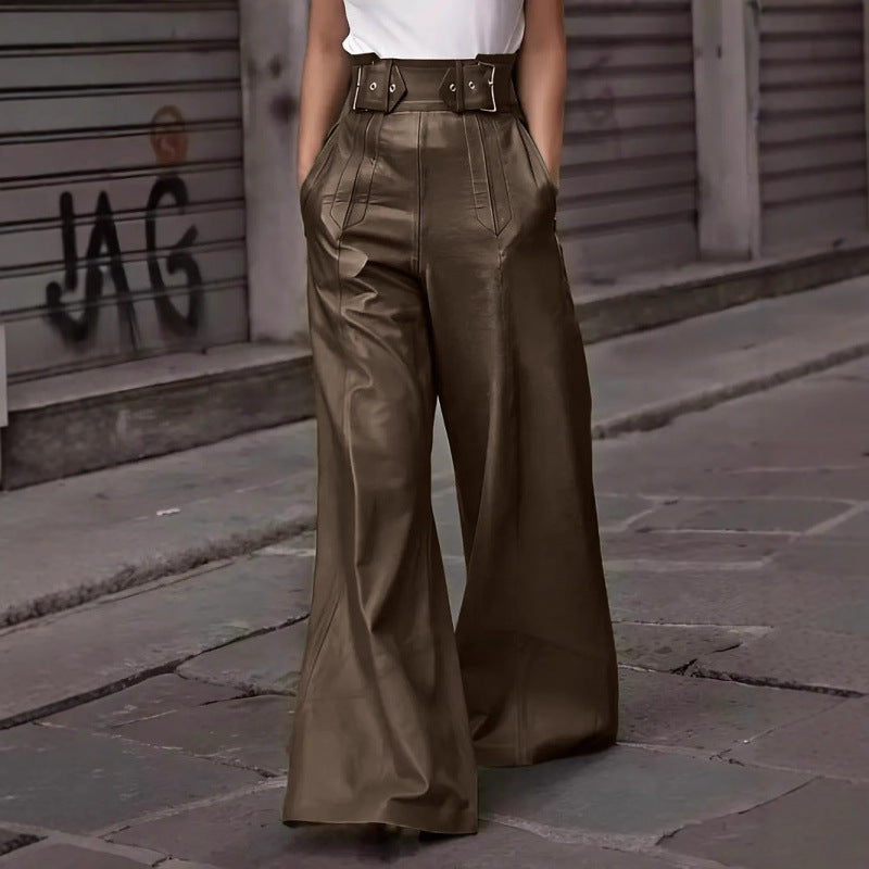 Damen weite High-Waist Palazzo-Hose aus Lederimitat mit Breitbund Shop Nory