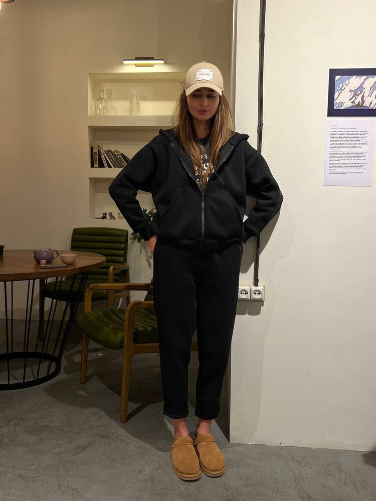 Damen lässiges Fleece-Zweiteiler mit Oversize-Kapuzenjacke und tapered Joggerhose Shop Nory