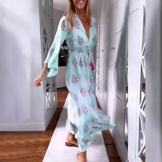 Damen nan luftig-fließendes Boho-Midikleid mit V-Ausschnitt, geraffter Smock-Taille, Kordelzug mit Quasten und asymmetrischem Volant-Saum
