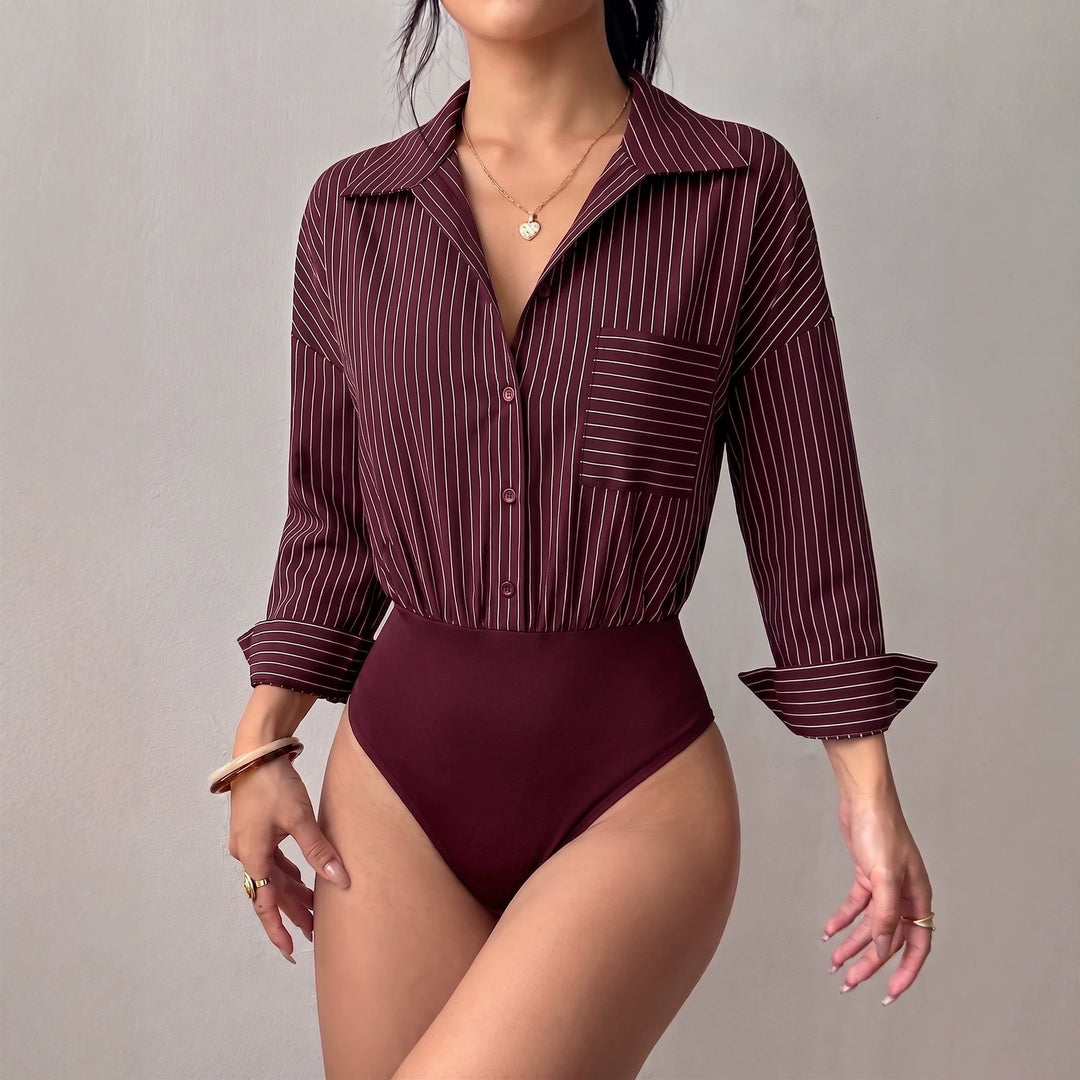 Damen Hemd-Body mit taillierter Passform, Kentkragen und feinem Streifenmuster Shop Nory