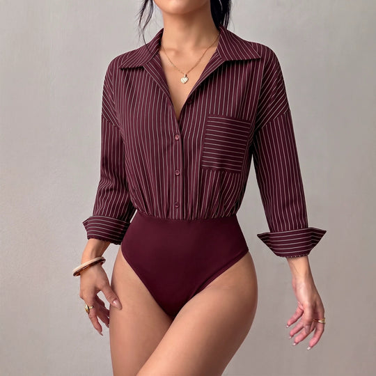 Damen Hemd-Body mit taillierter Passform, Kentkragen und feinem Streifenmuster Shop Nory