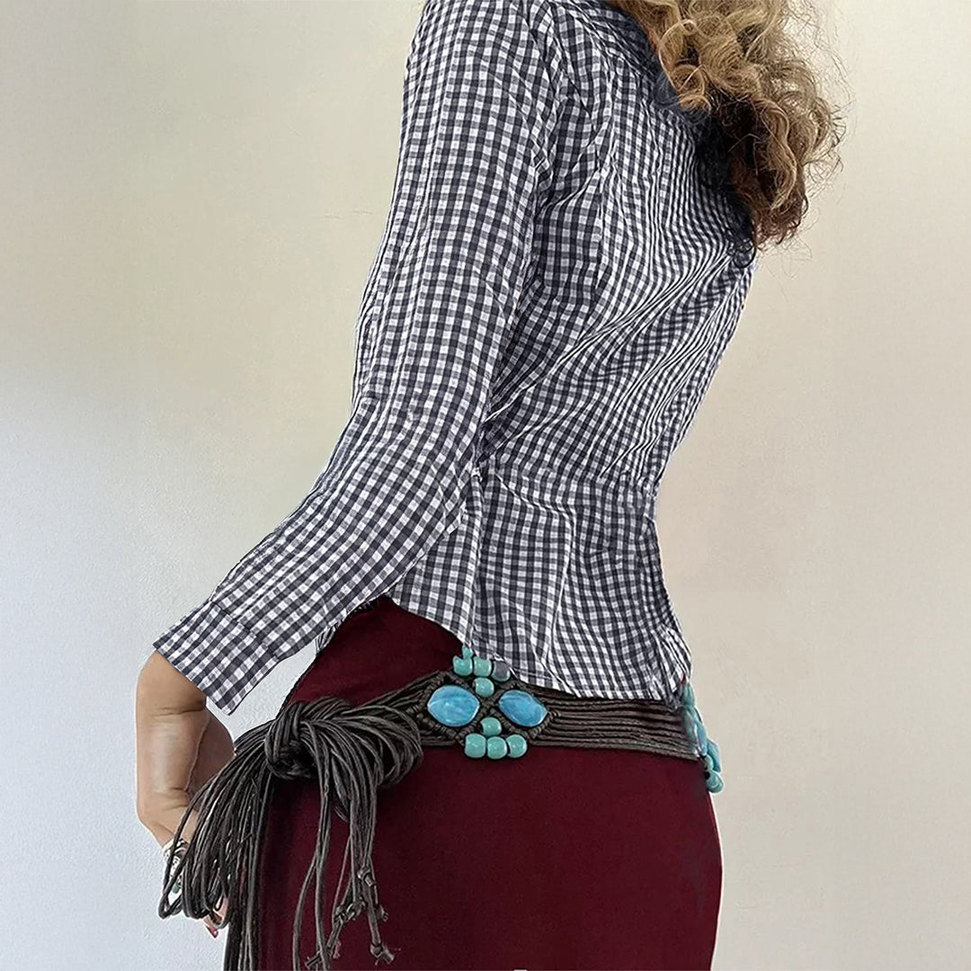 Damen nan taillierte Karobluse mit Hemdkragen, durchgehender Knopfleiste und geschwungenem Saum Shop Nory