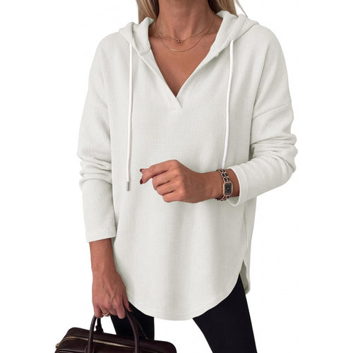 Damen Waffelstrick-Kapuzenpullover mit V-Ausschnitt, Oversize-Schnitt und Seitenschlitzen Shop Nory