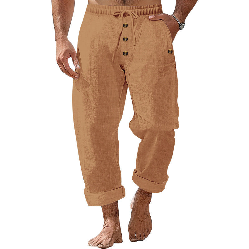Herren nan lockere Leinen-Baumwoll-Hose mit elastischem Bund, Kordelzug und aufgekrempeltem Saum