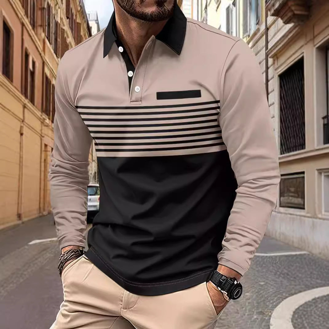 Herren nan langärmliges Poloshirt mit kontrastierendem Hemdkragen, dezenter Brustpaspel und feinem Streifenrelief Shop Nory