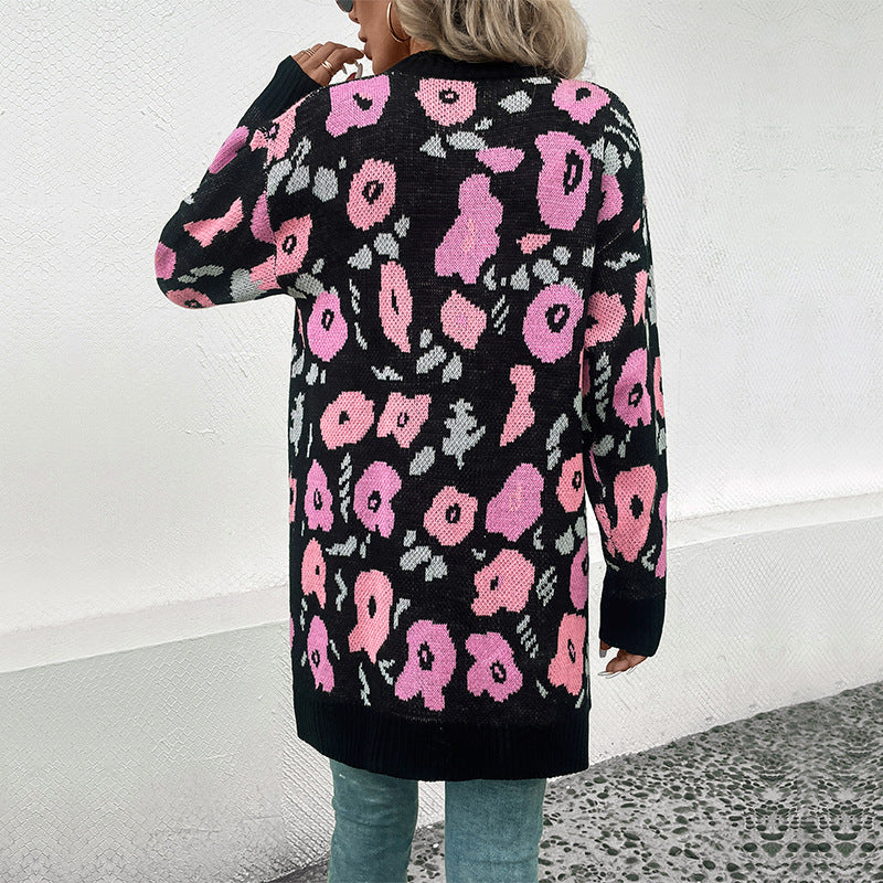 Damen Langer Strickcardigan mit Oversize-Schnitt, Animal-Jacquard und gerippten Bündchen Shop Nory
