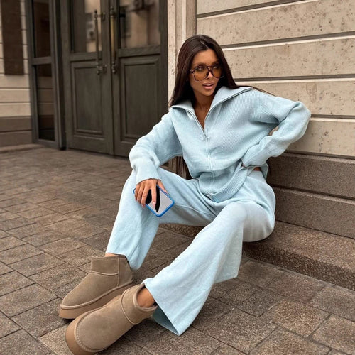 Damen Feinstrick-Loungewear-Set mit Zwei-Wege-Reißverschluss und weitem Umlegekragen Shop Nory