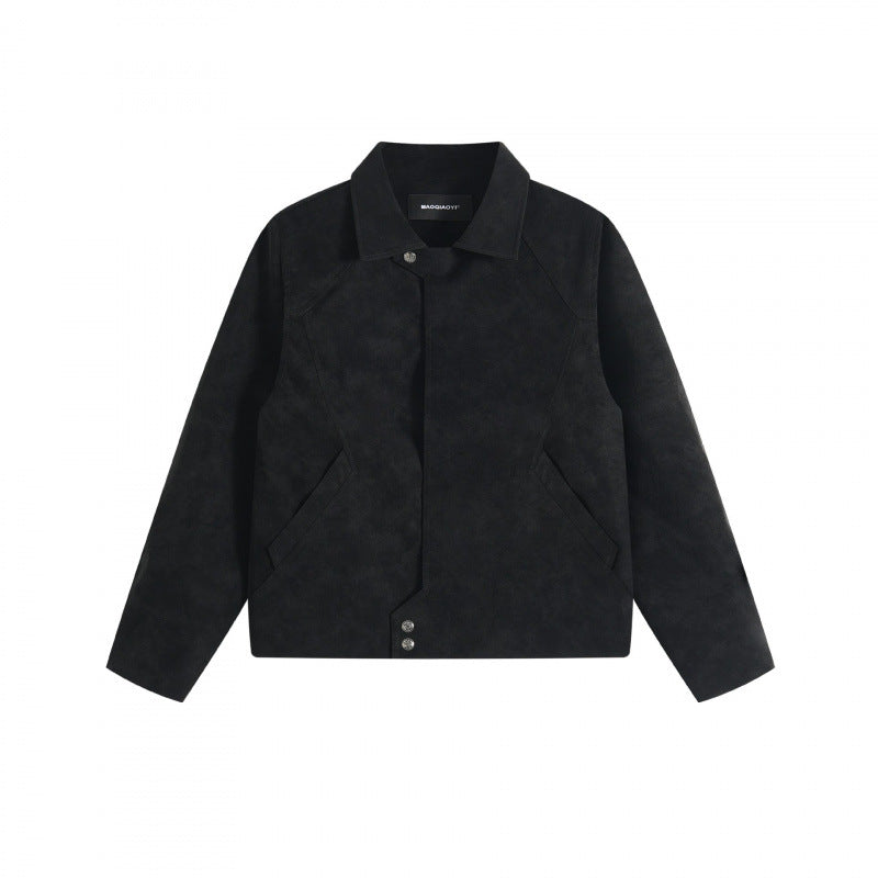Unisex Kurzjacke im minimalistischen Veloursleder-Look mit verdeckter Frontblende und Hemdkragen Shop Nory
