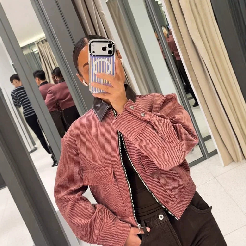 Damen Kurze Cordjacke mit kontrastierendem Lederkragen, Oversize-Silhouette und Metallreißverschluss Shop Nory