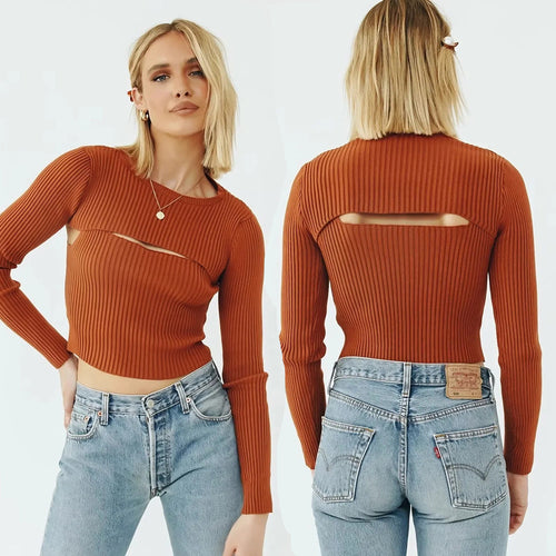 Damen Kurz geschnittenes Rippstrick-Top mit asymmetrischen Cut-Outs und Rundhalsausschnitt Shop Nory