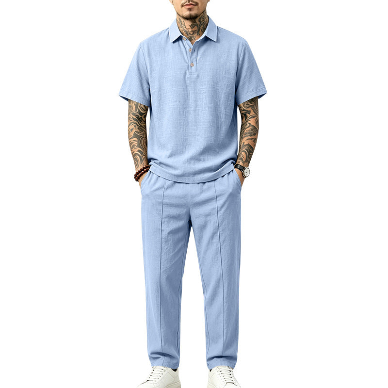 Herren Polo-Lounge-Set aus leichter Leinenmischung mit Kurzarm-Polo und gerader Bundfaltenhose Shop Nory