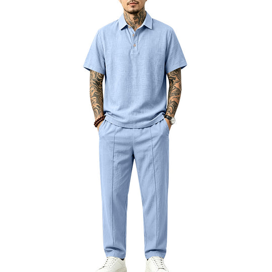 Herren Polo-Lounge-Set aus leichter Leinenmischung mit Kurzarm-Polo und gerader Bundfaltenhose Shop Nory