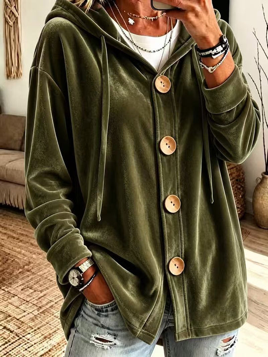 Damen Oversize Kapuzen-Samtjacke mit großen Holzknöpfen und weichem Veloursfutter Shop Nory