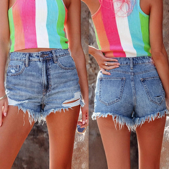 Damen Jeans-Shorts mit fransigen Säumen und stylischen Rissdetails
